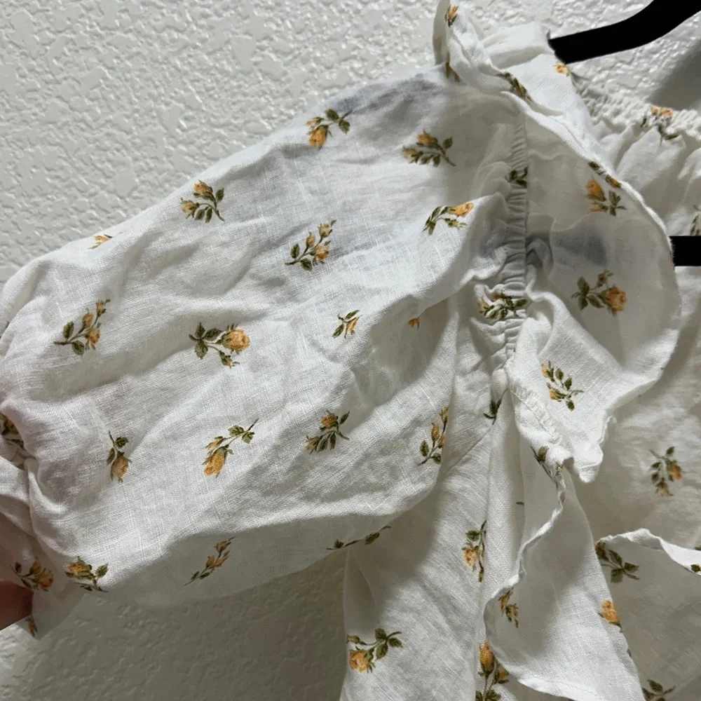 Reformation Off-Shoulder White Wrap Top with Yellow Floral Print